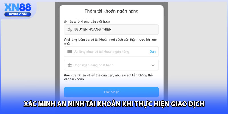 Xác minh an ninh tài khoản khi thực hiện giao dịch